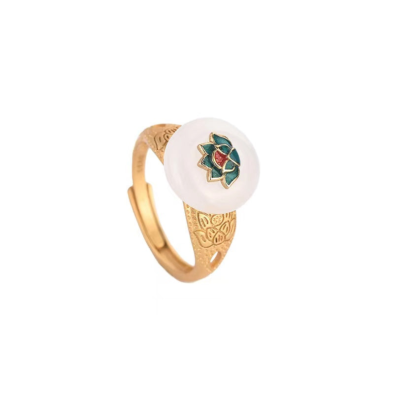 White Jade Lotus Enamel Ring