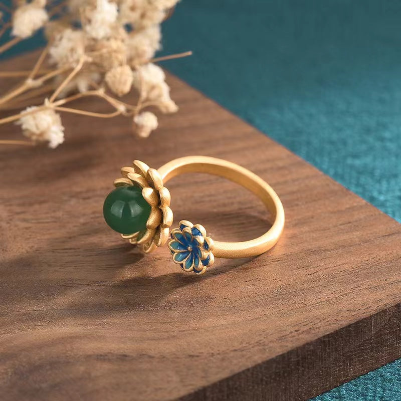 Blue Enamel Green Jade Ring