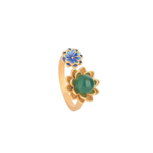Blue Enamel Green Jade Ring