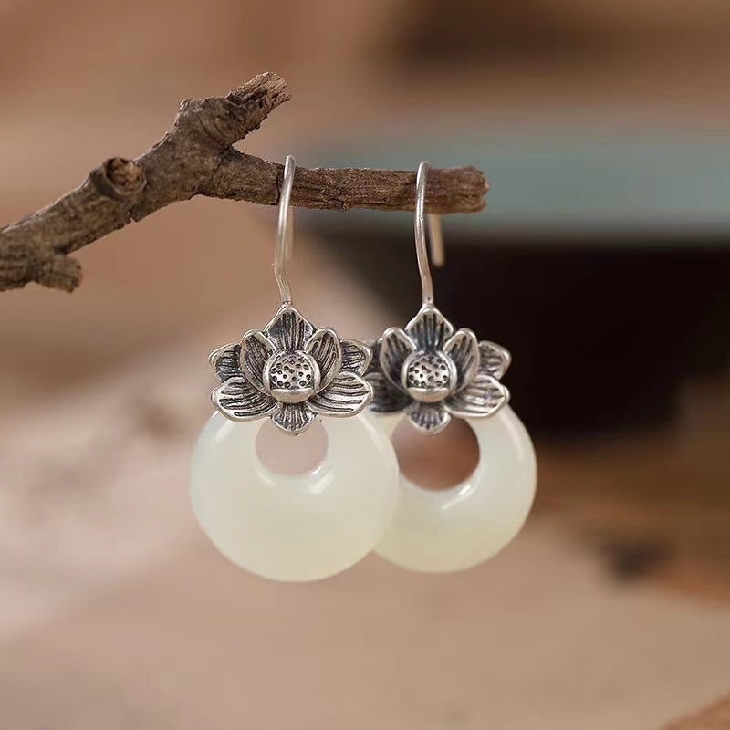 925 Silver Lotus Flower White Jade Earrings