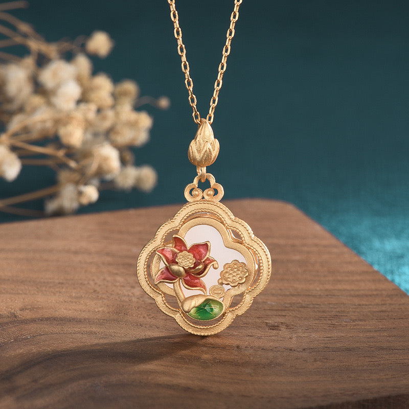 Feng Shui Lotus Pond White Jade Auspicious Necklace