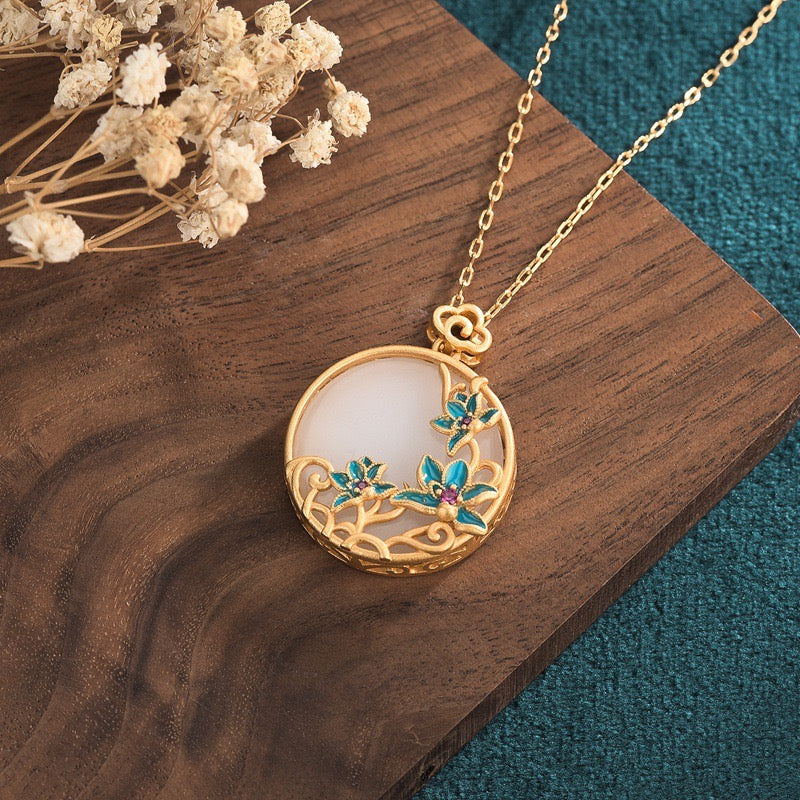 Feng Shui Blue Lotus White Jade Lucky Necklace