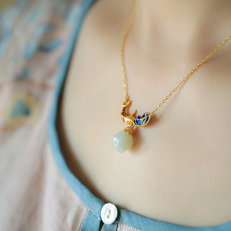 Feng Shui  Koi White Jade Lucky Necklace