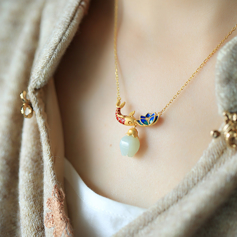 Feng Shui  Koi White Jade Lucky Necklace