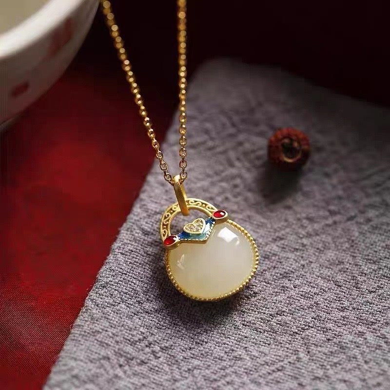 Feng Shui Lucky Bag White Jade Necklace