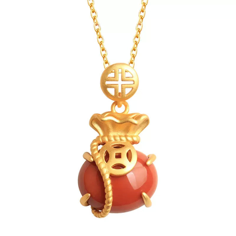 Feng Shui Red Agate Money Bag Wealth Necklace