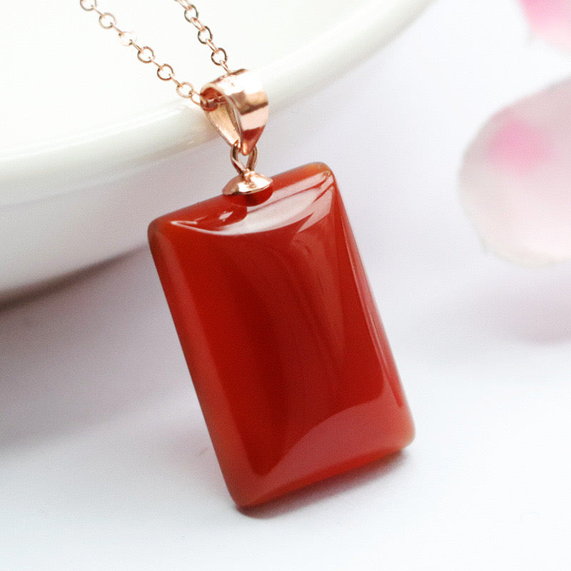 Natural Red Agate Square-Shaped Lucky Pendant