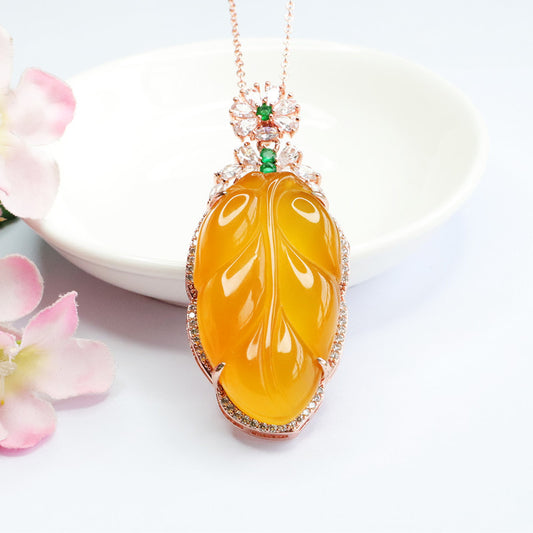 Natural Yellow Jade Feng Shui Healing Leaf Wealth Pendant Necklace