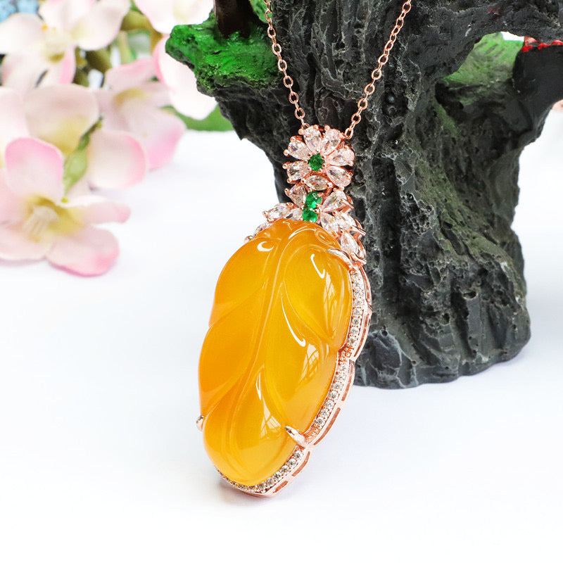 Natural Yellow Jade Feng Shui Healing Leaf Wealth Pendant Necklace