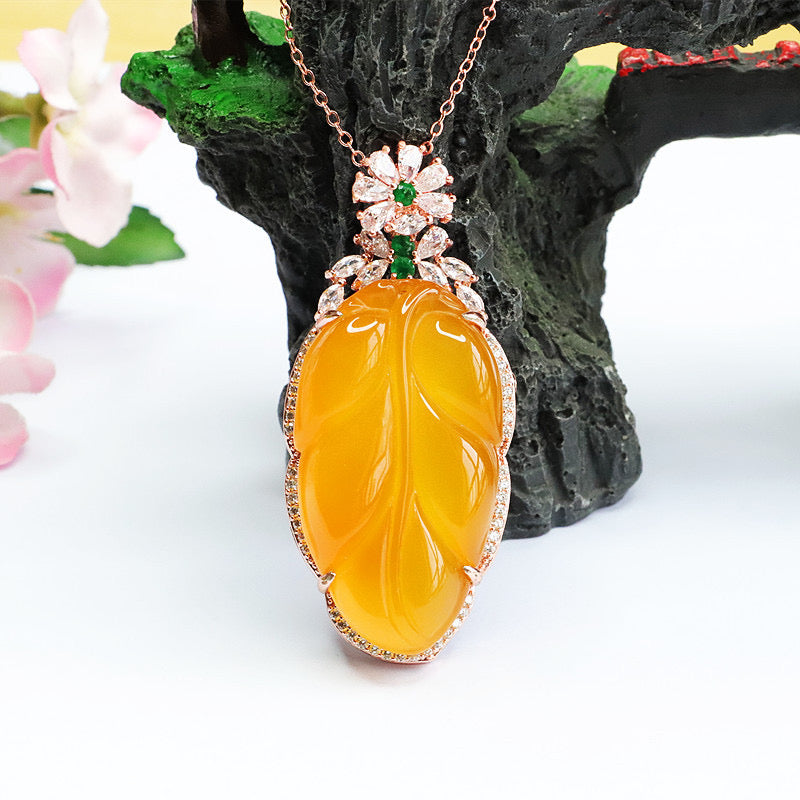 Natural Yellow Jade Feng Shui Healing Leaf Wealth Pendant Necklace