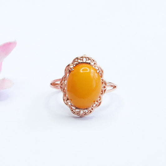 Natural Amber Enamel Pigeon Egg Wealth Ring