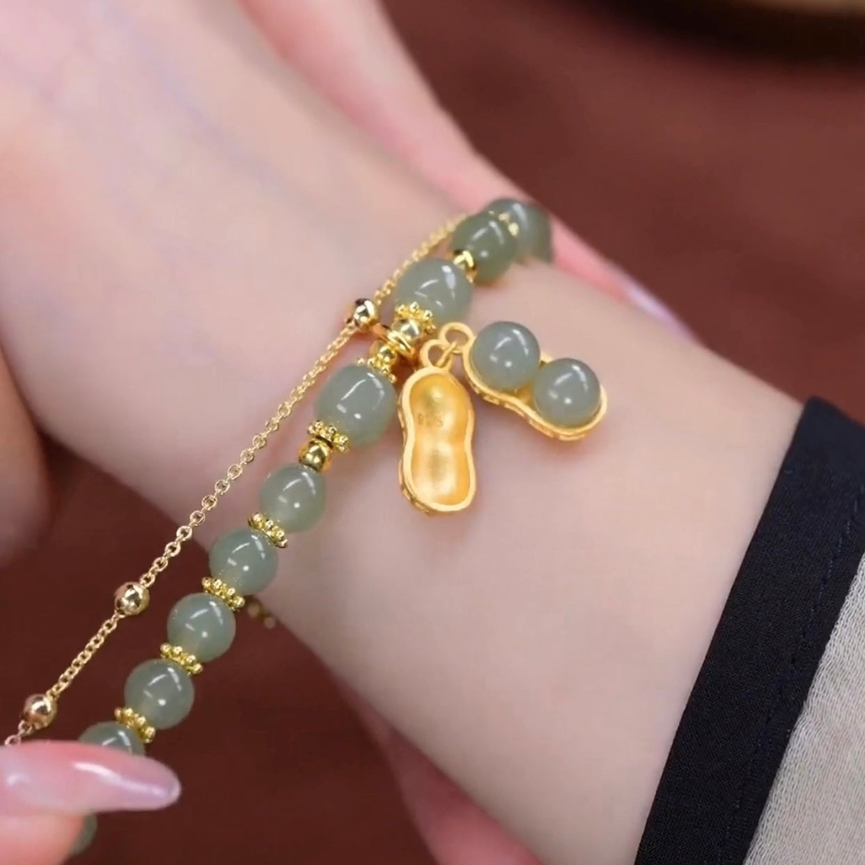 Natural Hetian Green Jade Feng Shui Lucky Peanut Bracelet
