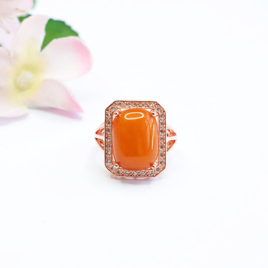 Natural Amber Enamel Pigeon Egg Squared Auspicious Ring