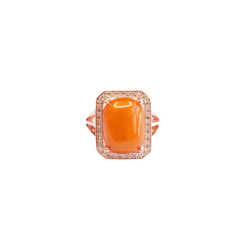 Natural Amber Enamel Pigeon Egg Squared Auspicious Ring