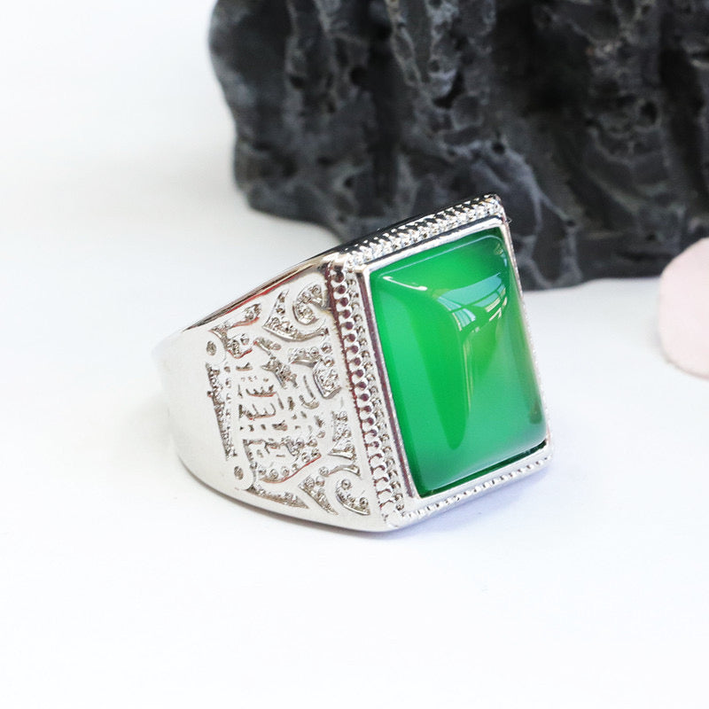 Natural Green Jade Feng Shui Squared Ring