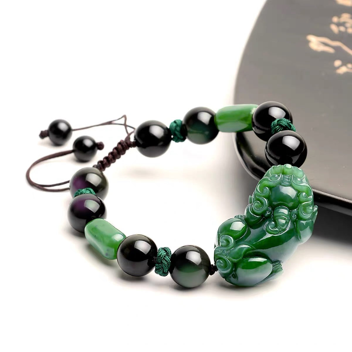 Natural Green Jade Pixiu Black Obsidian Bead Rope Wealth &  Prosperity  Bracelet