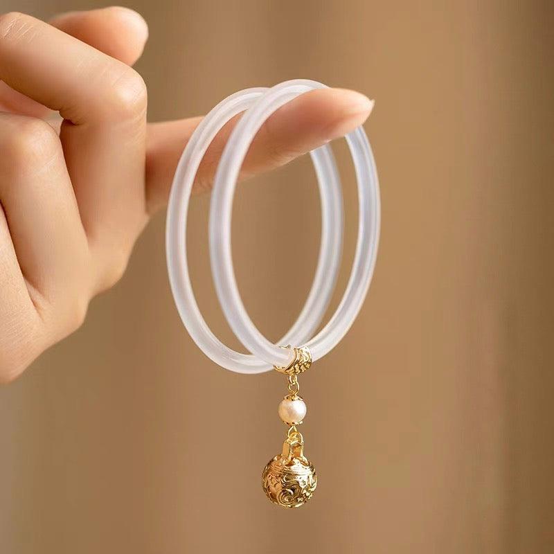 Natural White Jade Bell Double Bangle