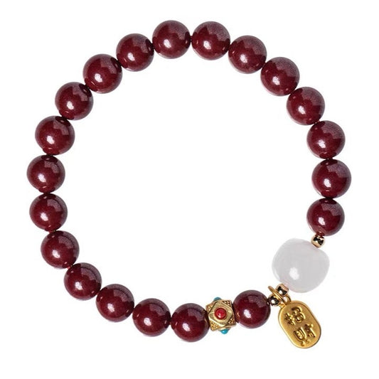 Natural Red Cinnabar Green Jade Bead Wealth Bracelet