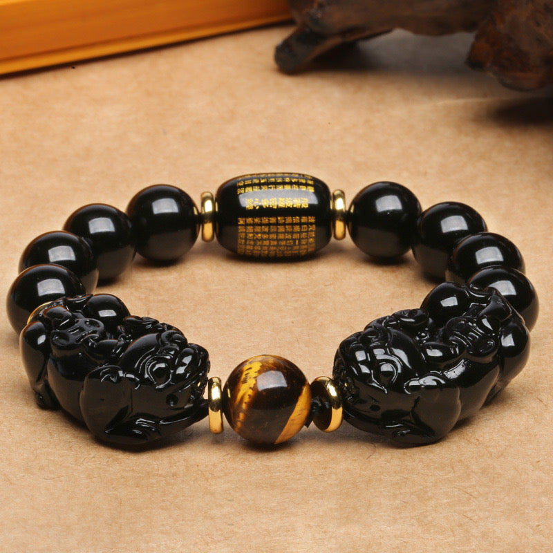 Black Obsidian Heart Sutra Bucket Bead Double Pixiu Bracelet