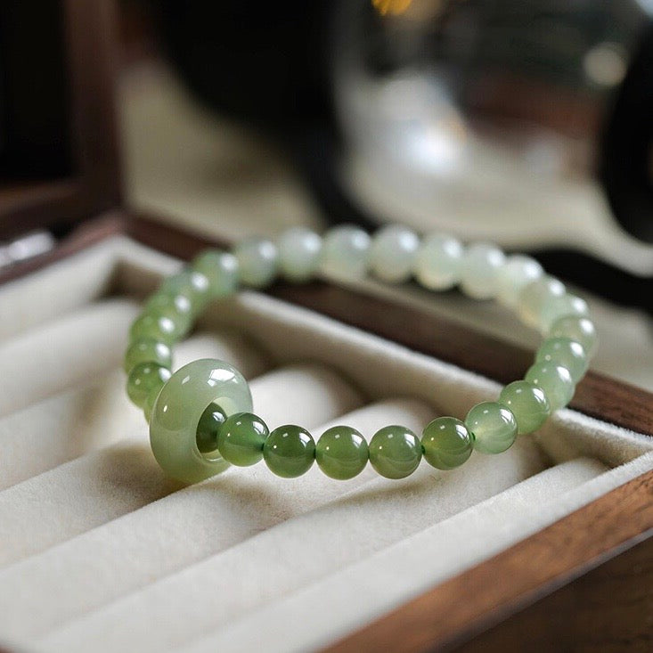 Rare Type A Burmese Apple Green Jade Jadeite Beads Bracelet - 76.87g 14.7mm/ bead 14 beads 17.5cm | Huangs Jadeite and Jewelry Pte Ltd