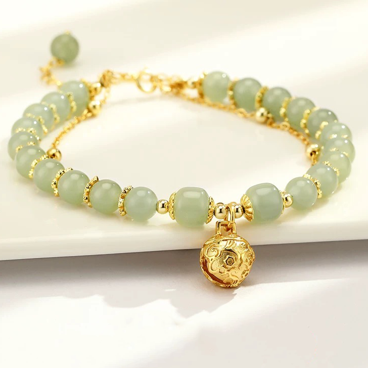 Natural Green Jade Luck and Protection Bell Bracelet