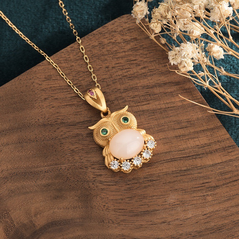 Feng Shui Vintage Owl White Jade Necklace