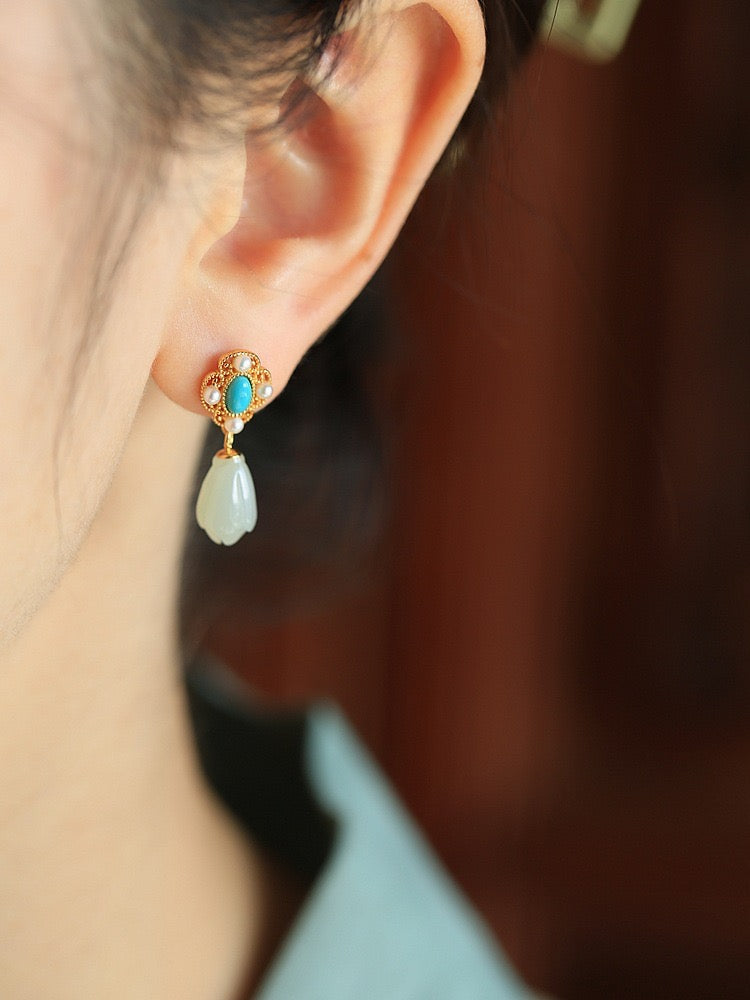 Feng Shui Magnolia Turquoise White Jade Earrings