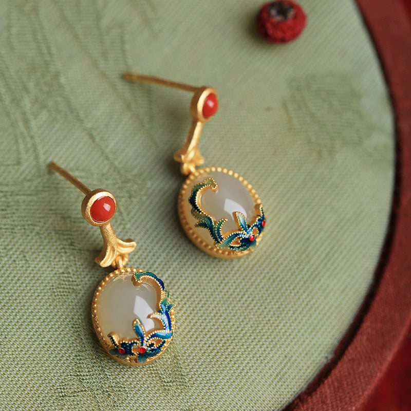 Feng Shui Enamel Flower Hetian Jade Earrings