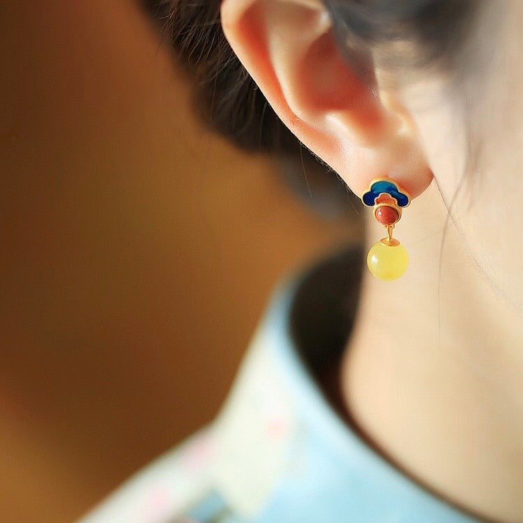 Feng Shui Enamel Amber Stud Earrings