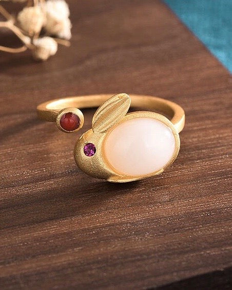 Feng Shui Rabbit White Jade Ring