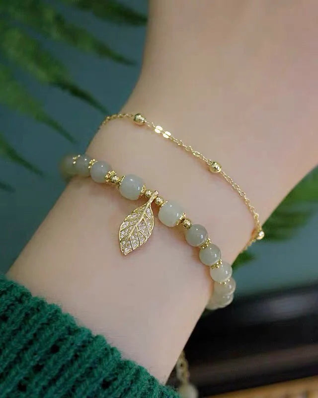 Natural Hetian Jade Feng Shui Wealth Leaf Bracelet