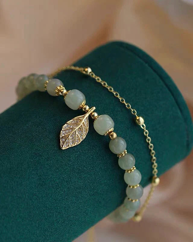 Natural Hetian Jade Feng Shui Wealth Leaf Bracelet