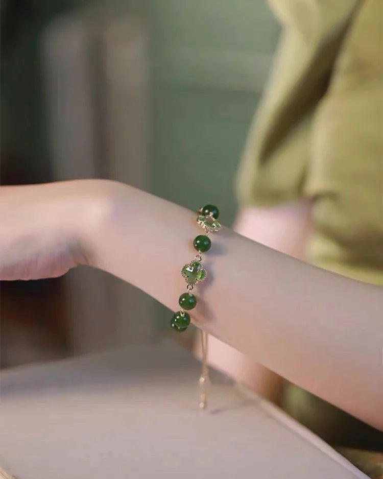 Lucky Clover Natural Green Jade Bracelet