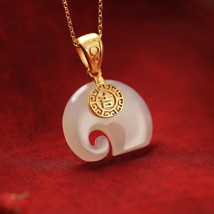 Feng Shui Elephant White Jade Pendant Necklace