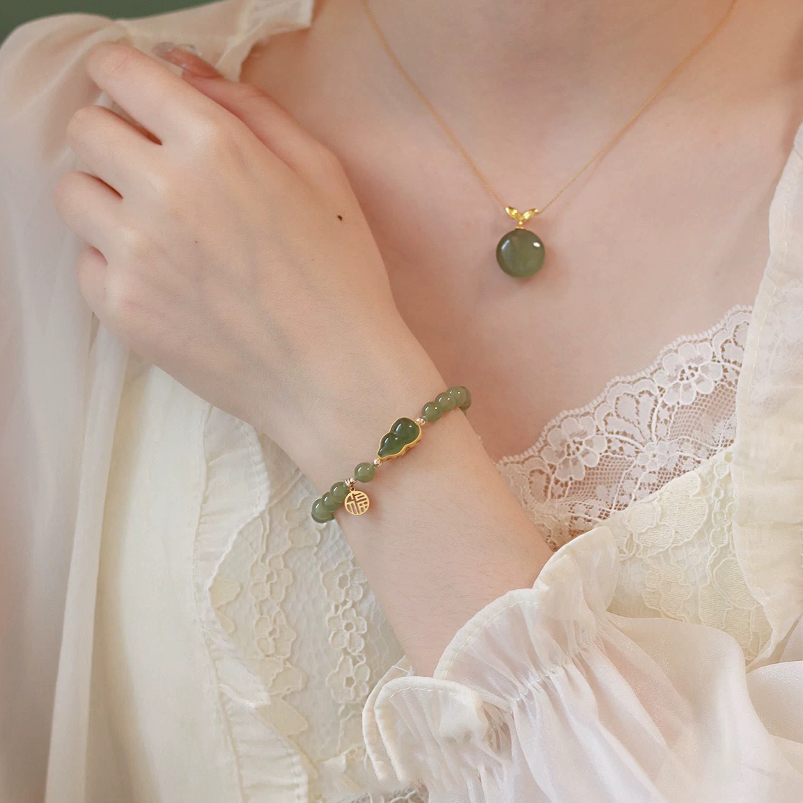 Natural Hetian Green Jade Feng Shui Calabash Bracelet