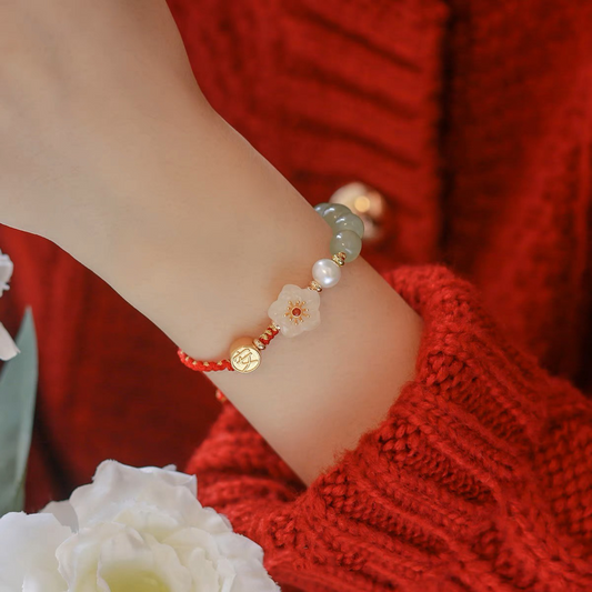 Natural Hetian Jade Feng Shui Peach Blossom Pearls Protection Rope Bracelet