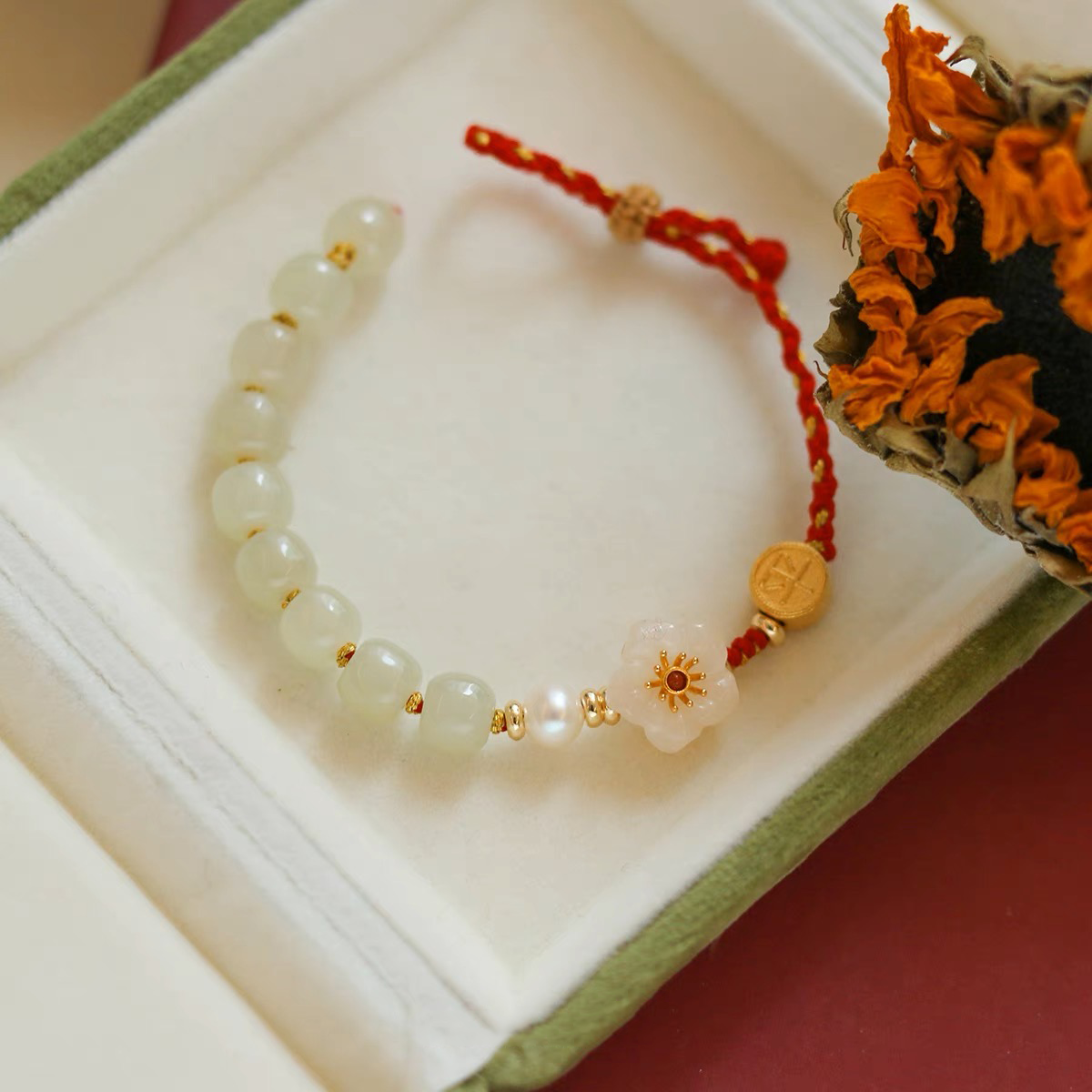 Natural Hetian Jade Feng Shui Peach Blossom Pearls Protection Rope Bracelet