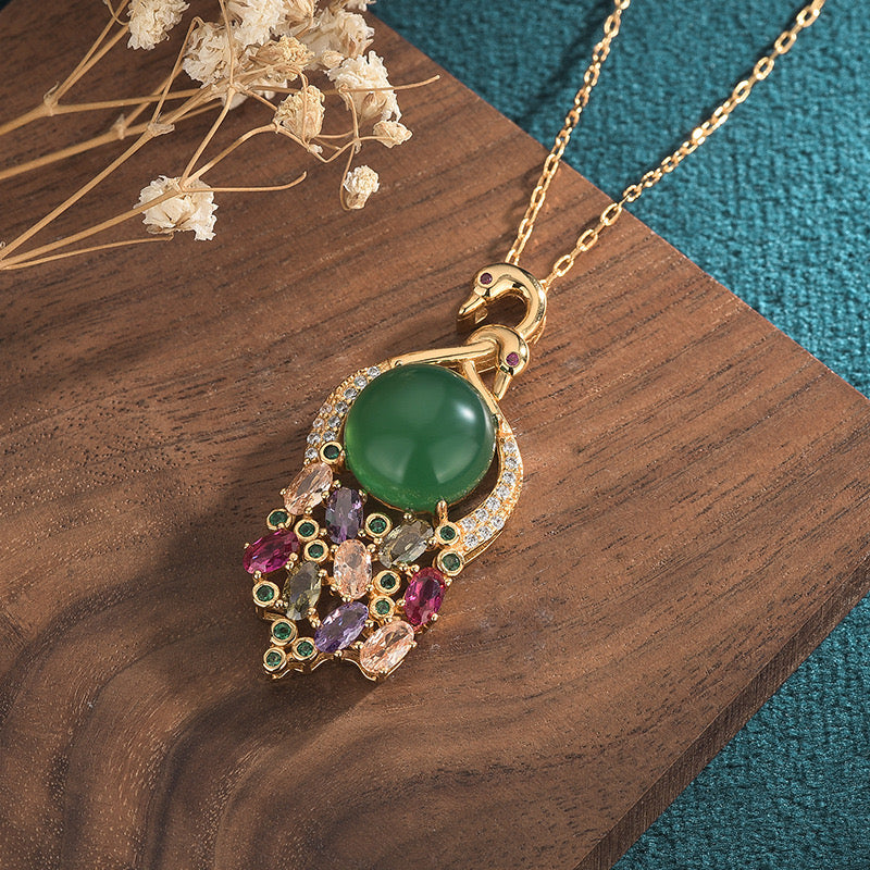 Feng Shui Swan Green Jade Pendant Necklace
