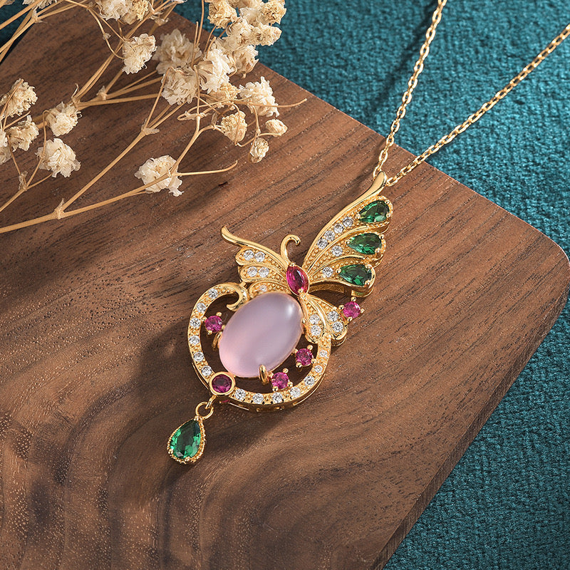 Feng Shui Butterfly Pink Jade Prosperity Necklace
