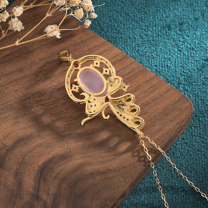 Feng Shui Butterfly Pink Jade Prosperity Necklace