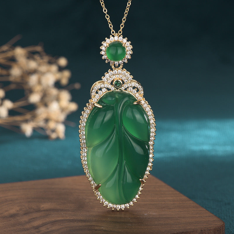 Feng Shui Leaf Green Jade Pendant Necklace