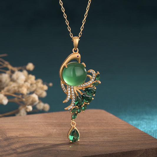 Feng Shui Peacock Green Jade Pendant Necklace