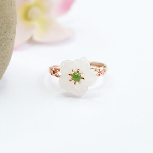 Natural White Jade Flower Ring
