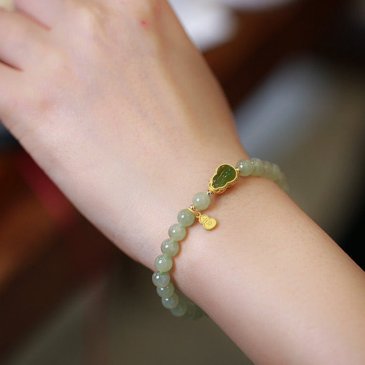 Natural Hetian Green Jade Feng Shui Calabash Bracelet