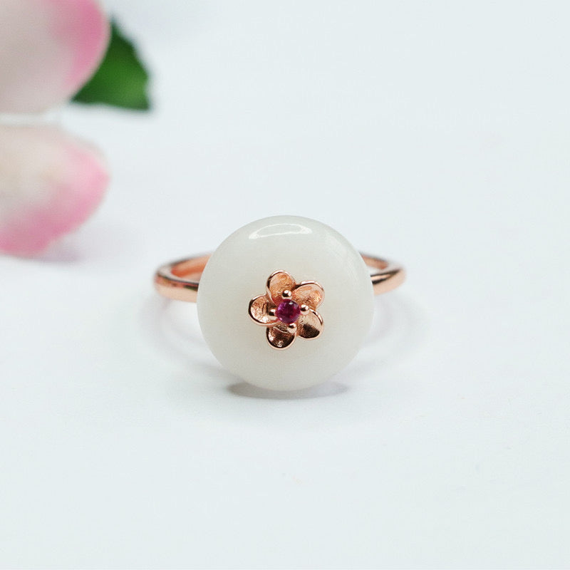 Natural White Jade Feng Shui Plum Blossom Ring