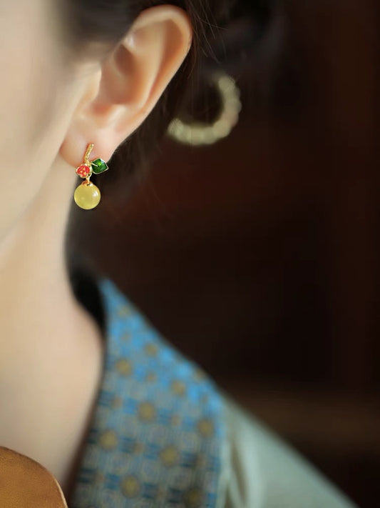 Natural Amber Enamel Feng Shui Orange Earrings