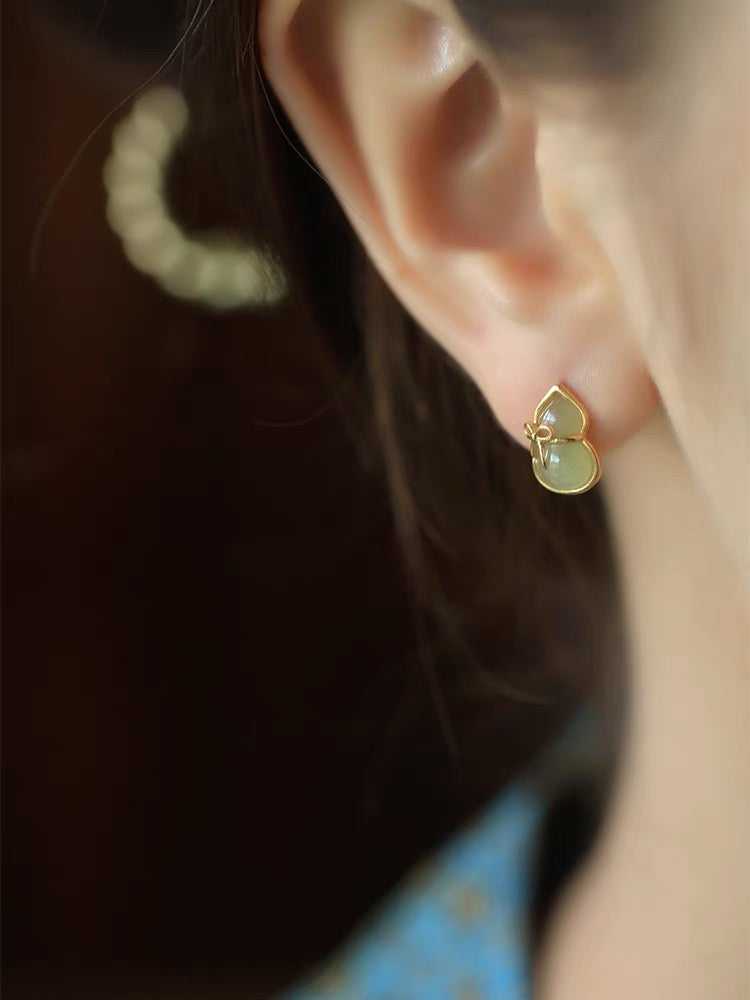 Natural Hetian Green Jade Feng Shui Calabash Earrings