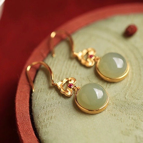 Feng Shui Enamel Cloud Green Jade Earrings