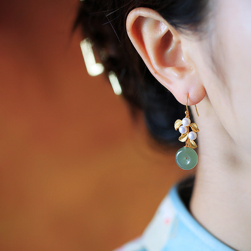 Feng Shui Fortune Lock Green Jade Earrings