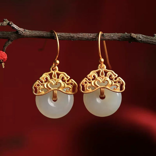 Feng Shui Fortune Lock White Jade Earrings